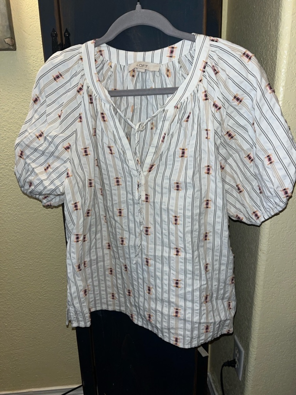 LOFT White Striped Peasant Blouse with Navy and Rust Details